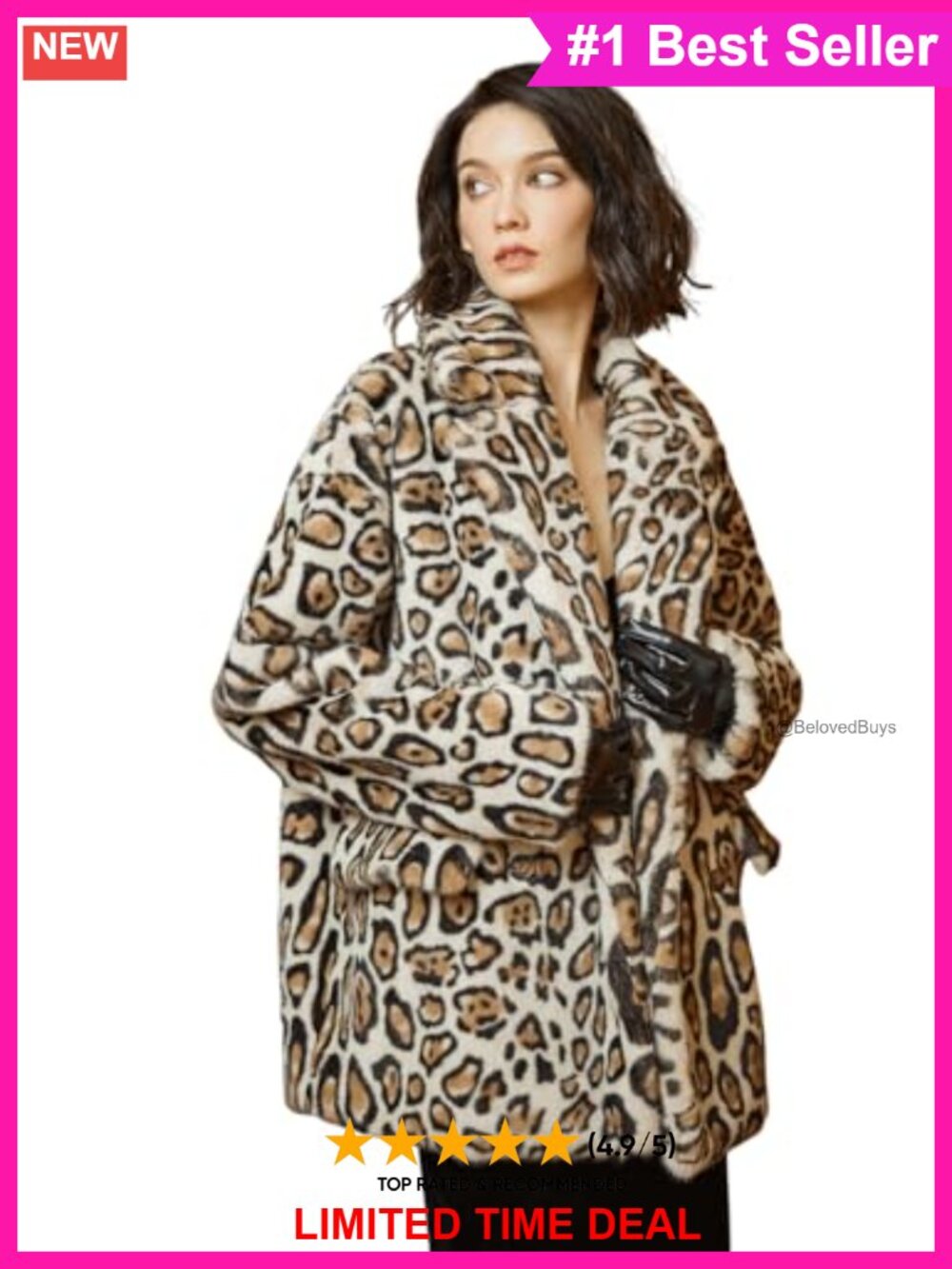 Faux Fur Leopard Print Coat with Satin Lining Open Front Pockets